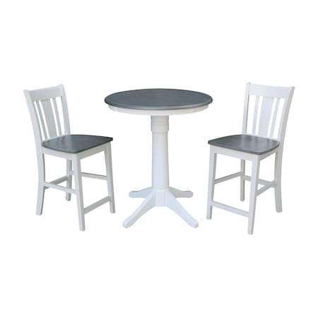 International Concepts Round 30 in Rd Ped Gathering Ht Table, 2 San Remo Stools, White/Heather Gray, 30 in W, 30 in L, Wood K05-30RT-27B-S102-2